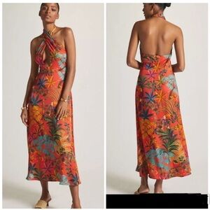 Farm Rio x Anthropologie Halter Maxi Dress Red Jungle Vintage Inspired L